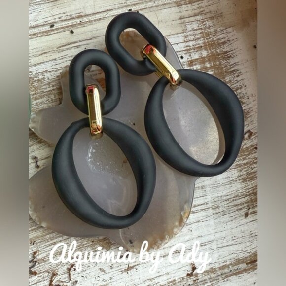 Gold and black Maxi statement big dangle hoop earrings - Picture 1 of 5